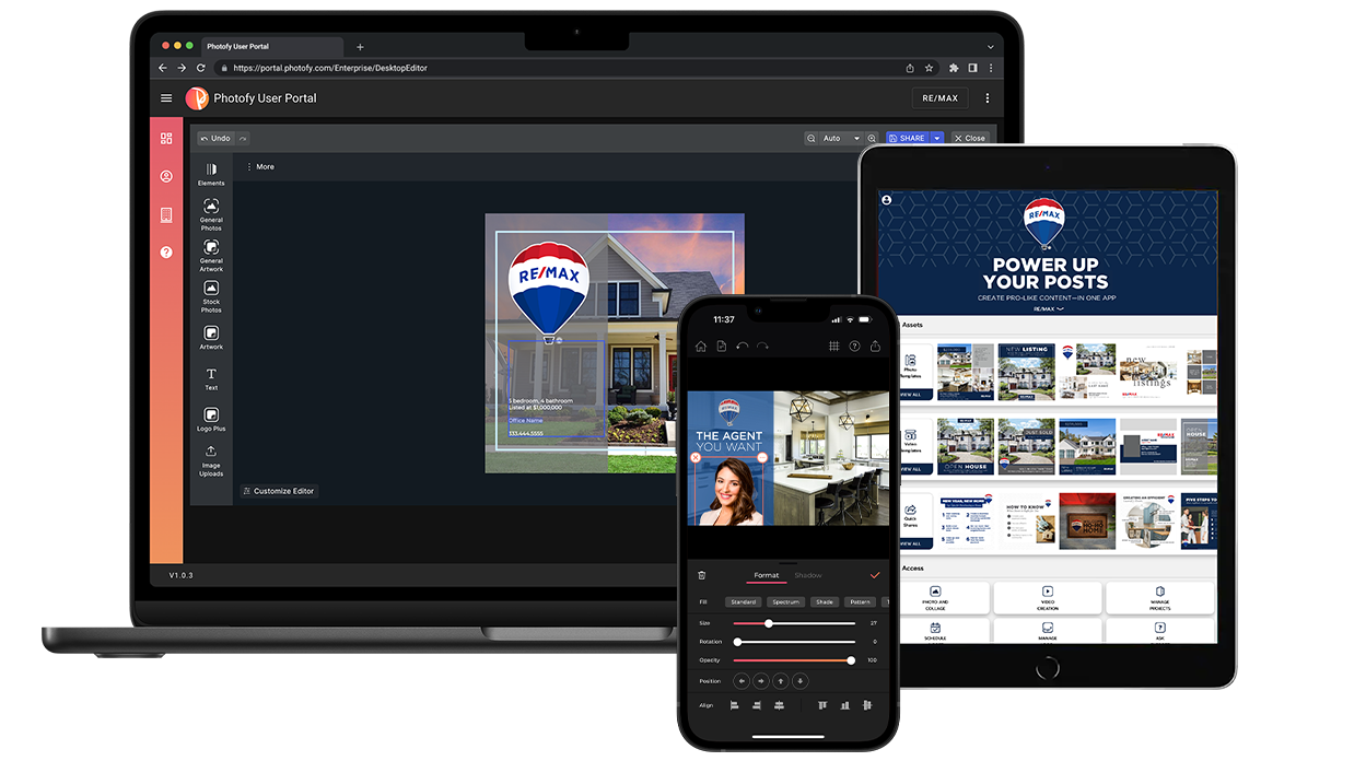 Photofy app on mobile and tablet for RE/MAX agents, offering streamlined content creation with exclusive desktop editing access for Photofy + RE/MAX subscribers.